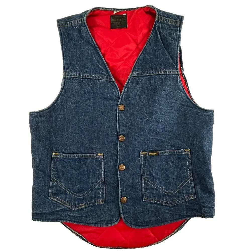 Vintage Roebucks Denim Jean Vest Red Quilted Lining Size Small